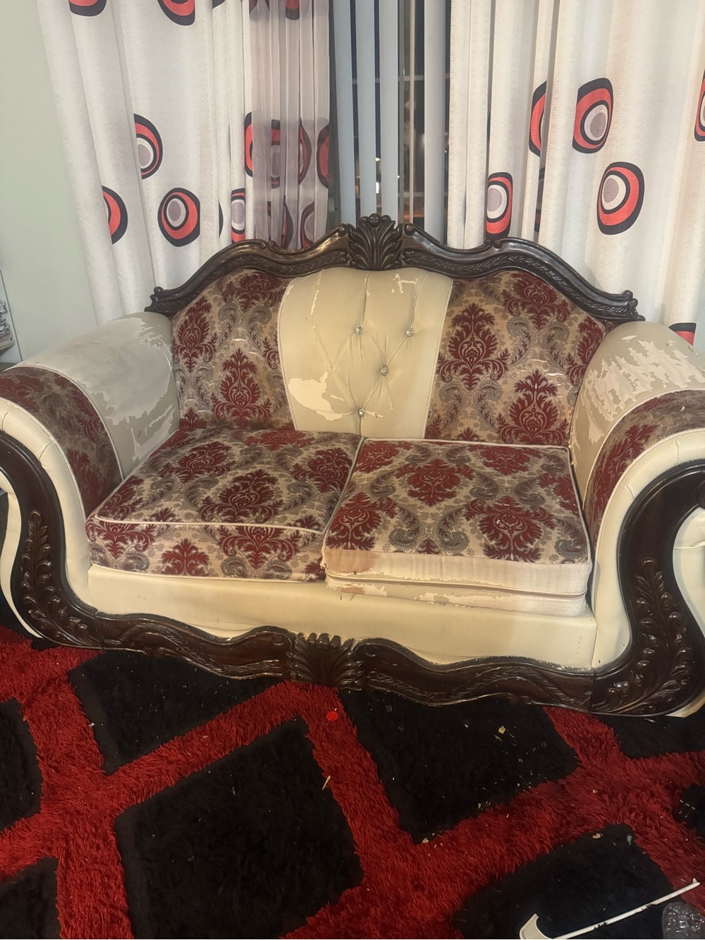 Vintage-Style Upholstered Loveseat in Cream and Burgundy